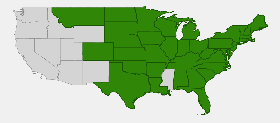 Native range map of Virginia Wild Rye (Elymus virginicus) showing distribution across eastern United States