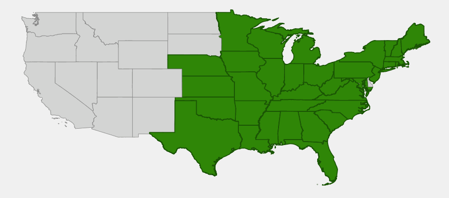 Native range map of Wahoo (Euonymus atropurpureus) showing distribution across eastern and central United States