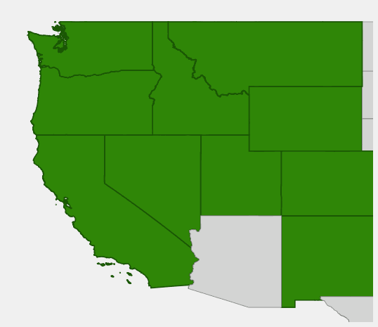 Native range map of Water Birch (Betula occidentalis) showing distribution across western North America