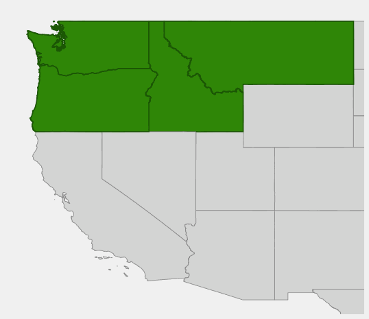 Native range map of Western Larch (Larix occidentalis) in the Pacific Northwest and northern Rocky Mountains