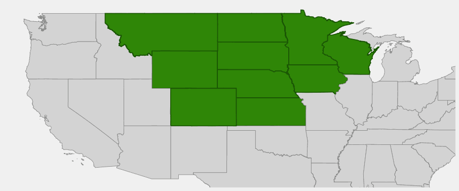 Native range map of Western Sandcherry (Prunus pumila var. besseyi) showing distribution across Great Plains