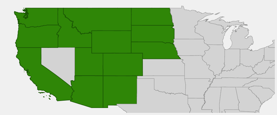 Native range map of Western White Clematis (Clematis ligusticifolia) showing broad distribution across the western United States