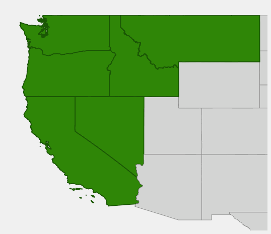 Native range map of Western White Pine (Pinus monticola) showing distribution in Pacific Northwest and northern Rockies