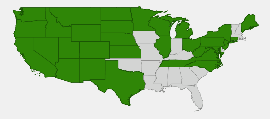 Native range map of Western Yarrow (Achillea millefolium) showing widespread distribution across North America