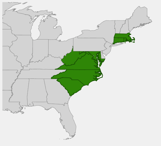 Native range map of White Wood Aster (Aster divaricatus)
