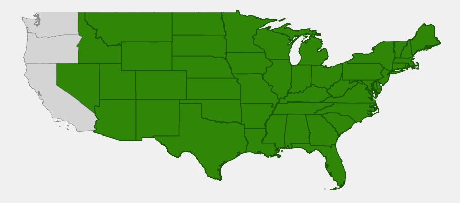 Native range map of Wild Bergamot (Monarda fistulosa) showing distribution across most of North America