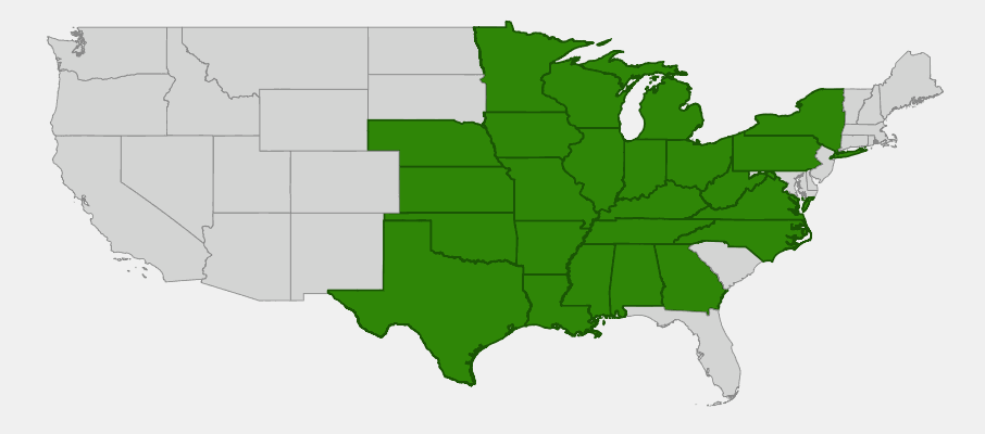 Native range map of Wild Hyacinth (Camassia scilloides) showing broad distribution across central and eastern North America