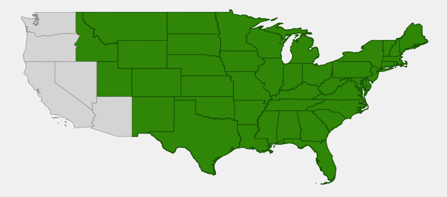 Native range map of Wild Plum (Prunus americana) showing distribution across central and eastern United States