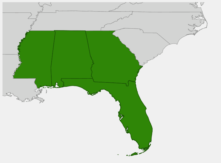 Native range map of Yellow Native Azalea (Rhododendron austrinum) showing distribution across Deep South