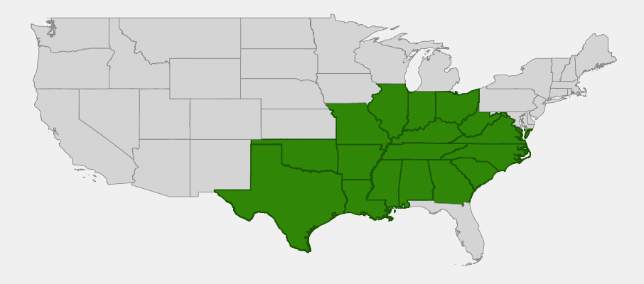 Native range map of Yellowwood (Cladrastis kentuckea) showing distribution across the southeastern and south-central United States