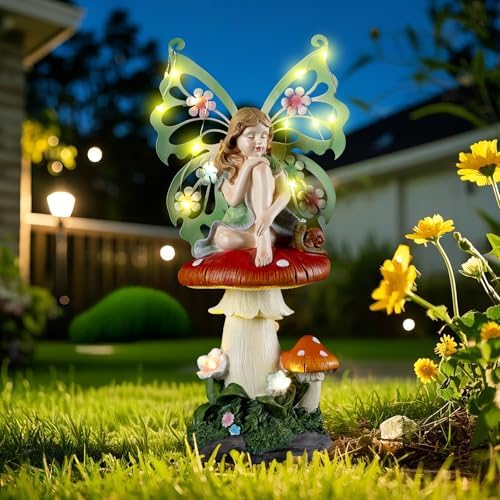 twinbling Solar Fairy Garden Decor Flower Fairies Mushroom Figurines with Snail Decor Gifts for Wome