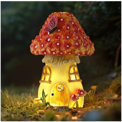 Magicsculp Fairy Garden House Mushroom with Solar LED Light - Resin Fairy Garden Accessories, Waterp