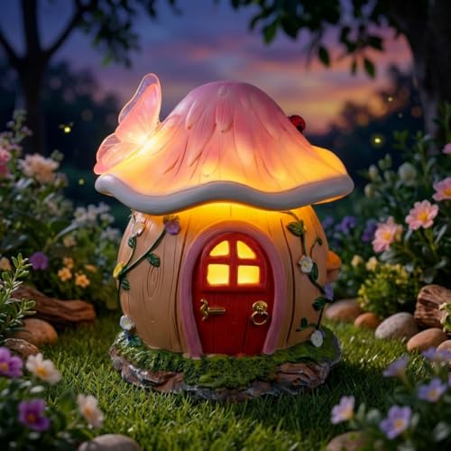 CUIDYSDP Fairy House Figurine with Solar Powered Lights,Funny Mushroom House Statue,Garden Statue,Ya