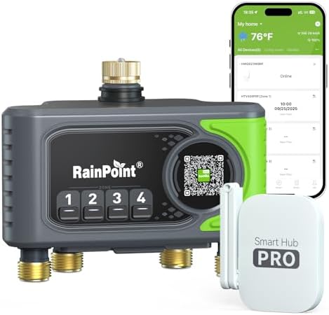 RAINPOINT WiFi Sprinkler Timer 4 Zone, Outdoor Smart Water Timer for Garden Hose with Brass Inlet&Ou