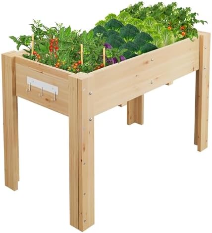 GarveeHome Elevated Garden Bed with Legs & Hooks, 47x30x22 Inch (4x2.5x1.8 ft) Raised Wood Planter B