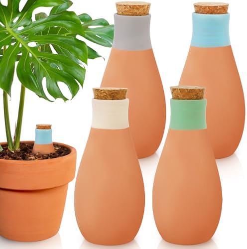 DEAYOU 4 Pack Terracotta Plant Watering Globes, 14 oz Self Watering Planter Insert with Lid, Automat