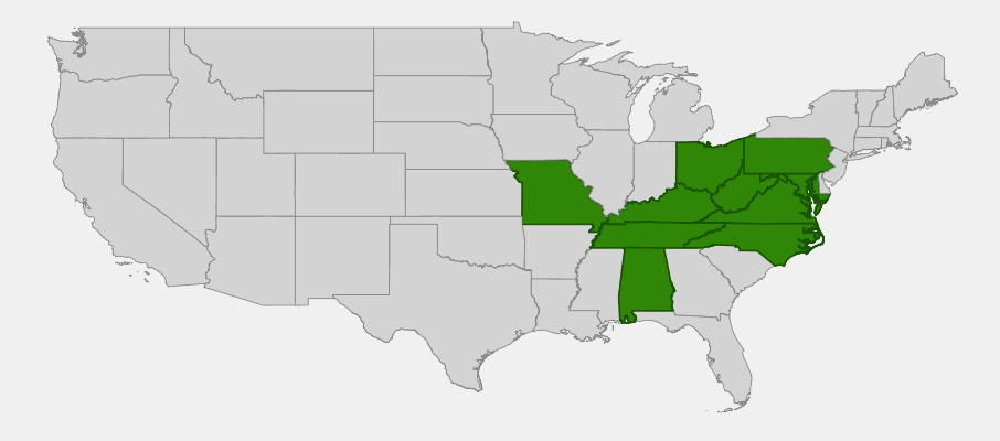 State-level native range of Delphinium exaltatum