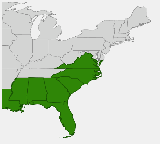 Fetterbush native range: Virginia south to Florida and west to Louisiana