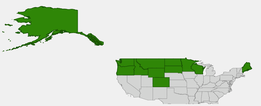 Alaska and native states of the northern and western contiguous United States highlighted for Oxytropis campestris