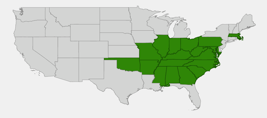 Native range map of Crested Iris (Iris cristata) showing distribution across the eastern and central United States from Pennsylvania to Alabama and west to Oklahoma