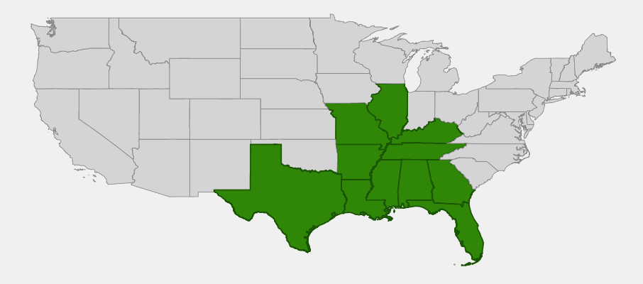 Native range map of Copper Iris (Iris fulva) across the Mississippi Valley and Gulf Coast states