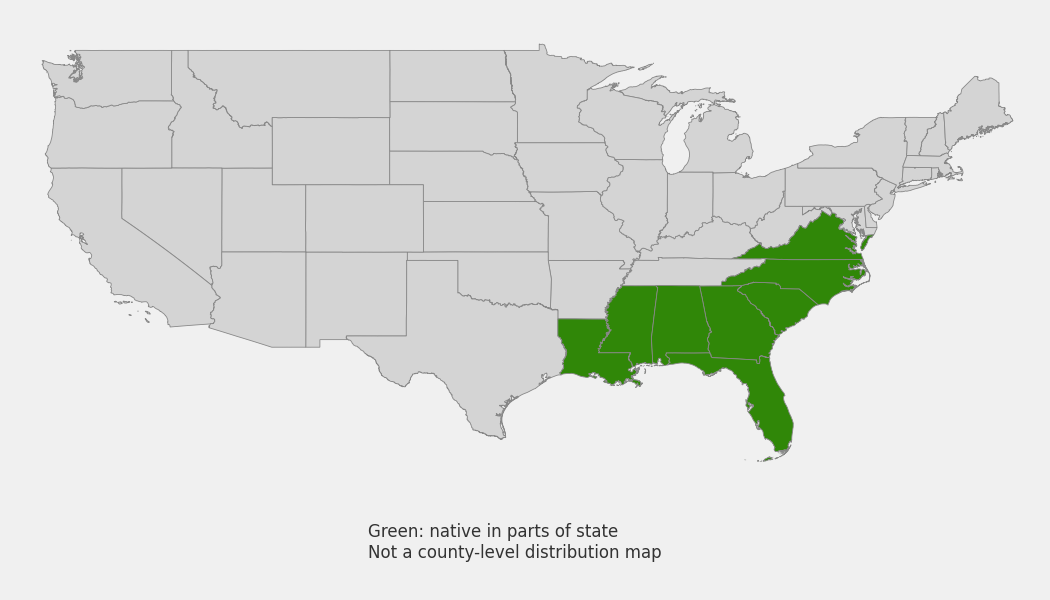 State-level native range of Leucothoe axillaris