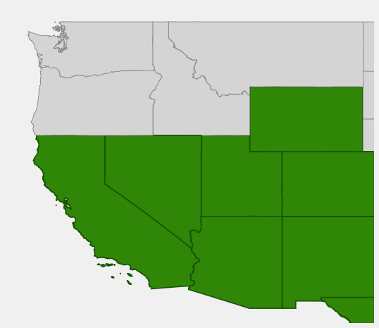 Native range map of Littleleaf Mockorange (Philadelphus microphyllus) showing Arizona, California, Colorado, Nevada, New Mexico, Texas, Utah, and Wyoming