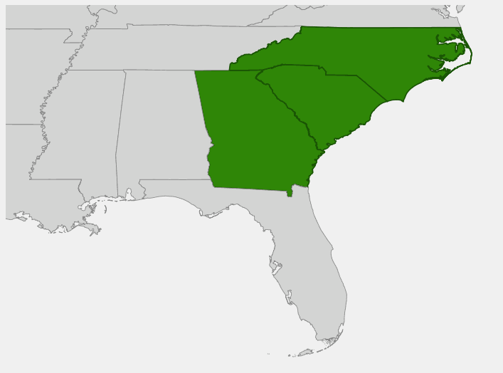 Native range map of Oconee Bells (Shortia galacifolia) showing distribution in Georgia, North Carolina, and South Carolina