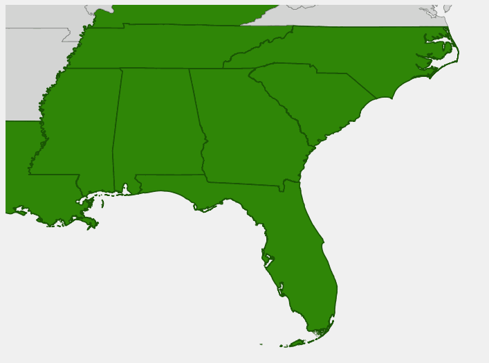 Native range map of Allegheny spurge (Pachysandra procumbens) across the southeastern United States: Kentucky, Tennessee, North Carolina, South Carolina, Georgia, Florida, Alabama, Mississippi and Louisiana