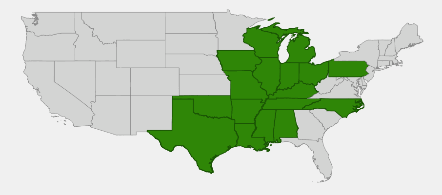 State-level native range of Trillium recurvatum