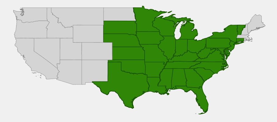 Native range map of Woodland Phlox (Phlox divaricata) across the eastern and central United States