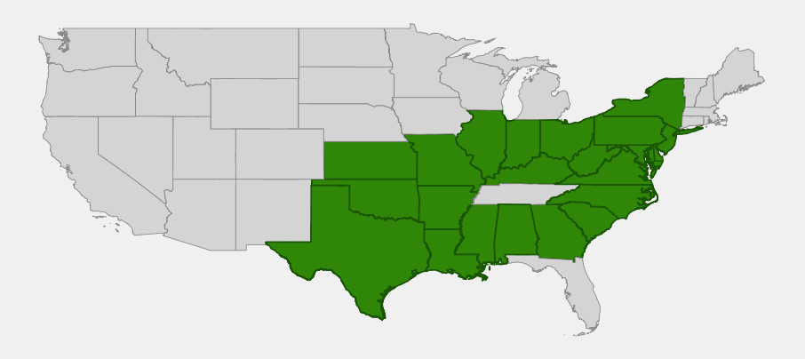 Native range map of American Dittany (Cunila origanoides) across the central and eastern United States