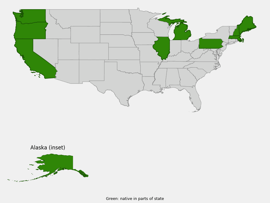 Native range map of American dunegrass (Leymus mollis) showing Pacific coast, Atlantic coast, Great Lakes, and Alaska distribution