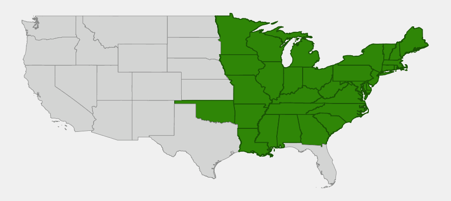Native range map of American ginseng (Panax quinquefolius) across the eastern and midwestern United States