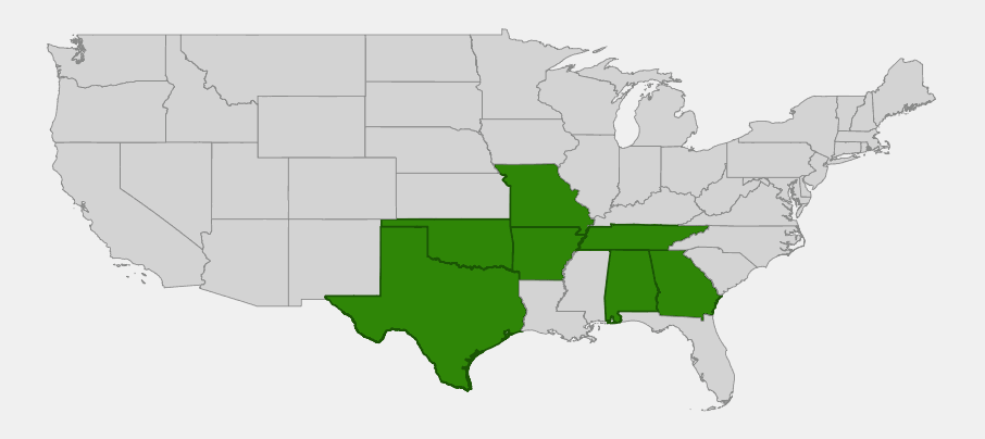 Native range map of American smoke tree (Cotinus obovatus) showing distribution across Missouri, Arkansas, Oklahoma, Texas, Tennessee, Alabama and Georgia
