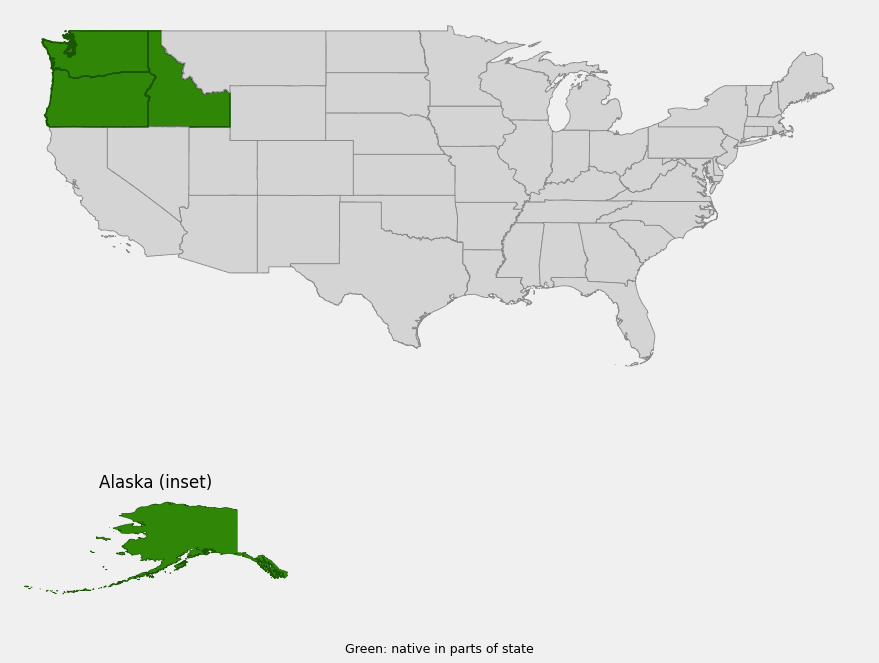 Native range map of Arctic Lupine (Lupinus arcticus) showing distribution across Alaska, Washington, Oregon, and Idaho
