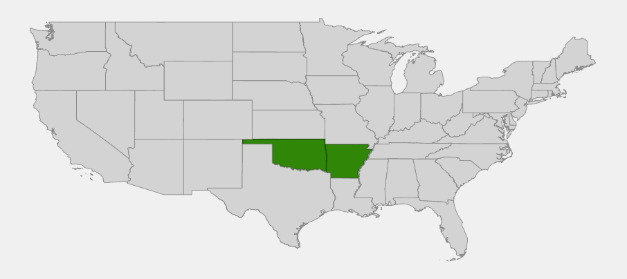 Native range map of Arkansas blue star (Amsonia hubrichtii) highlighting Arkansas and Oklahoma