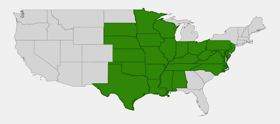 Native range map of aromatic aster (Symphyotrichum oblongifolium) across the central and eastern United States