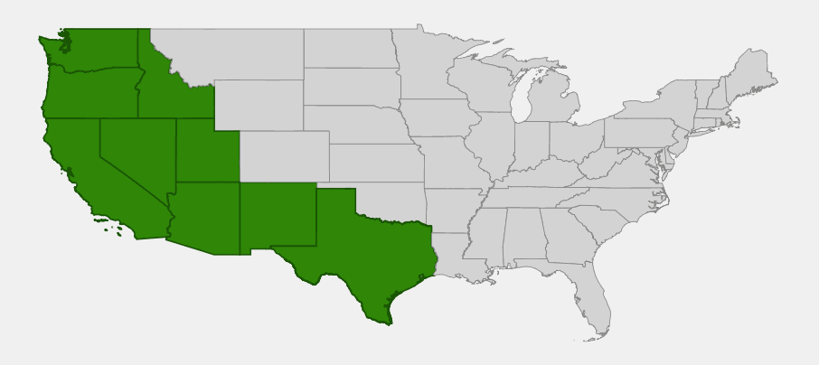 Native range map of arroyo willow (Salix lasiolepis) highlighting California, Oregon, Washington, Idaho, Nevada, Utah, Arizona, New Mexico and Texas