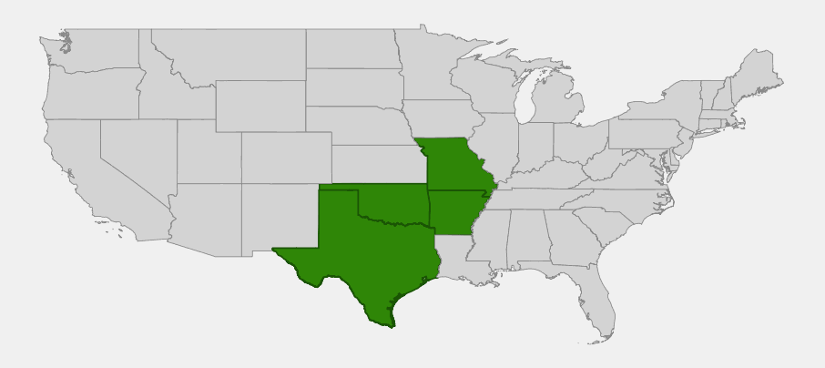 Native range map of Ashe Juniper (Juniperus ashei) showing distribution across Texas, Oklahoma, Arkansas, and Missouri