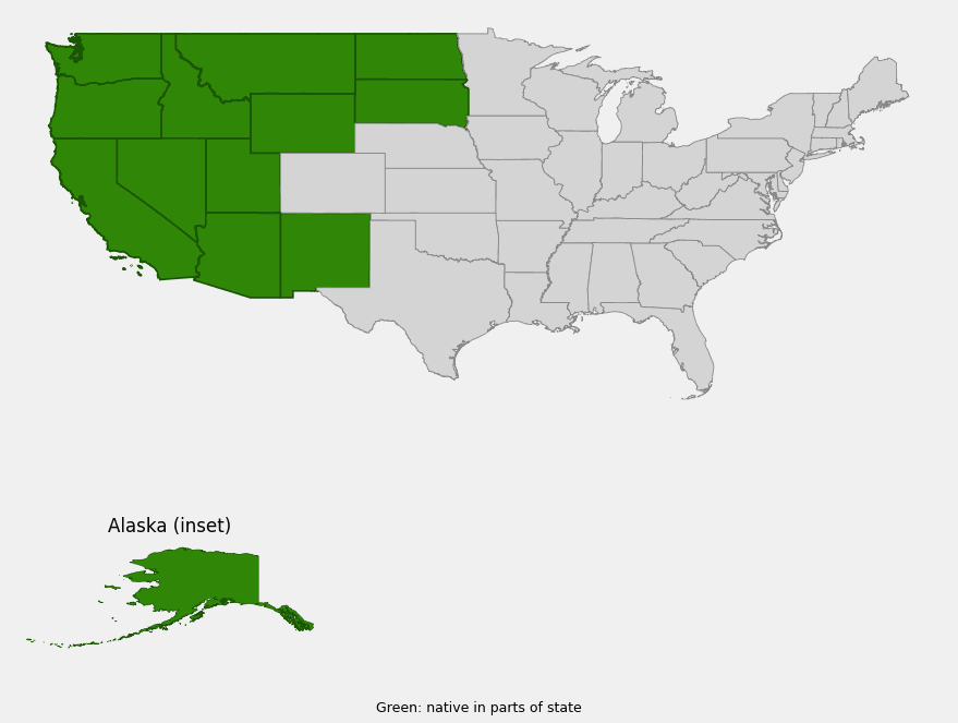 Native range map of Baltic rush (Juncus balticus) showing distribution across Alaska, Arizona, California, Idaho, Montana, Nevada, New Mexico, North Dakota, Oregon, South Dakota, Utah, Washington, and Wyoming