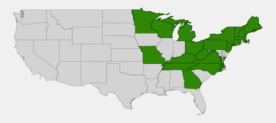 Native range map of Barren Strawberry (Waldsteinia fragarioides) showing distribution across the northeastern and upper midwestern United States