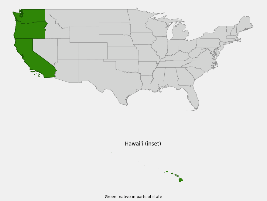 Native range map of Beach Strawberry (Fragaria chiloensis) showing the Pacific coast of California, Oregon and Washington, plus Hawaii inset