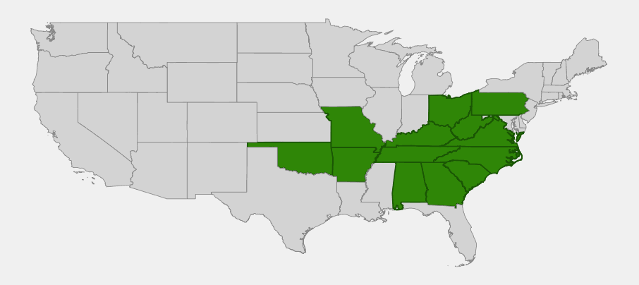 Native range map of Black Locust (Robinia pseudoacacia) highlighting the Appalachian and Ozark-Ouachita regions