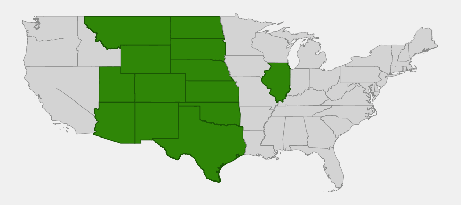 Native range map of blowout grass (Redfieldia flexuosa) showing distribution across the central and western United States