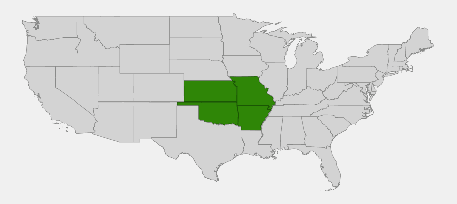 Native range map of Bush's poppy mallow (Callirhoe bushii) showing distribution across Arkansas, Kansas, Missouri, and Oklahoma