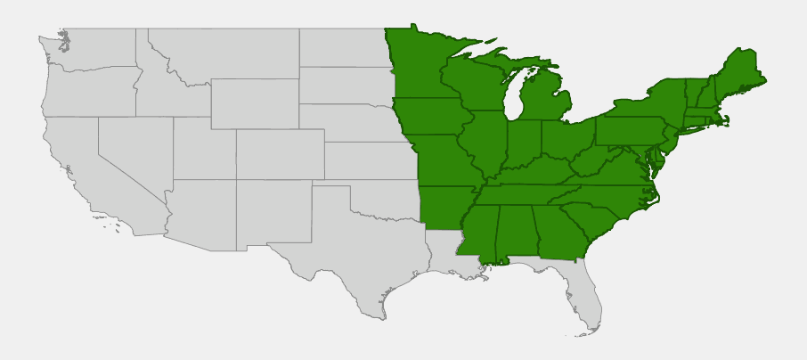Native range map of Butternut (Juglans cinerea) showing distribution across the northeastern and upper midwestern United States south through the Appalachians