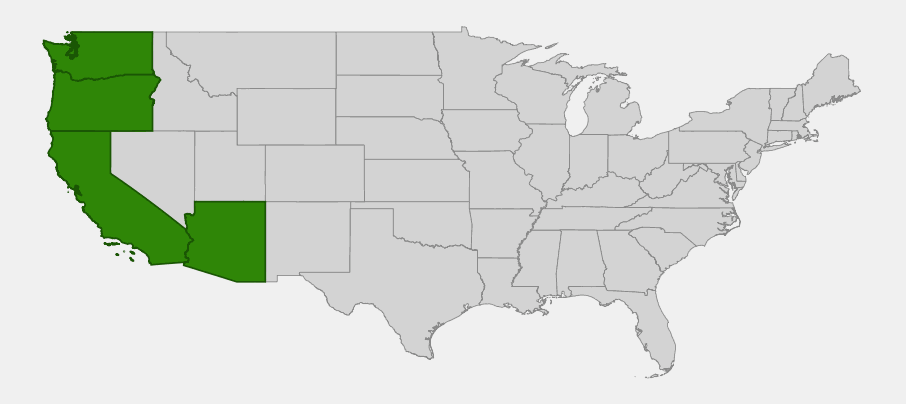 Native range map of California bee plant (Scrophularia californica) showing distribution across California, Oregon, Washington, and Arizona