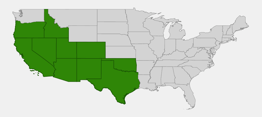 Native range map of California Brickellbush (Brickellia californica) showing distribution across the western United States from California to Texas