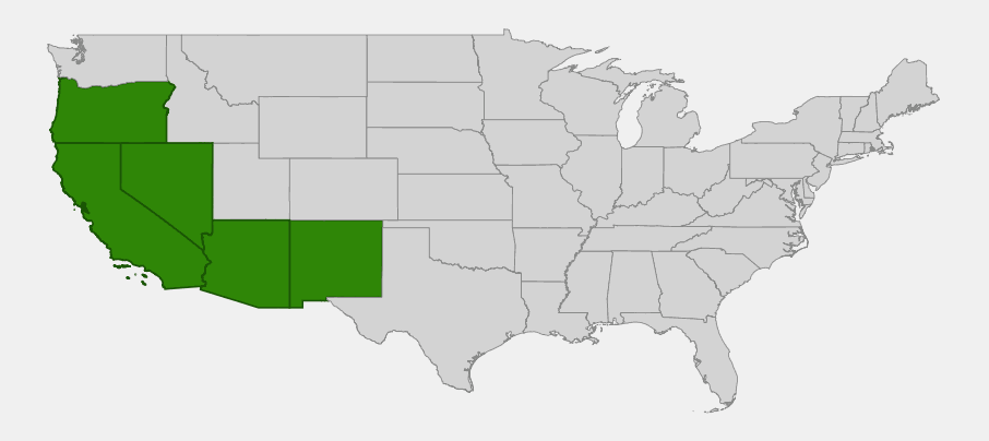 Native range map of California poppy (Eschscholzia californica) showing distribution across California, Oregon, Nevada, Arizona, and New Mexico